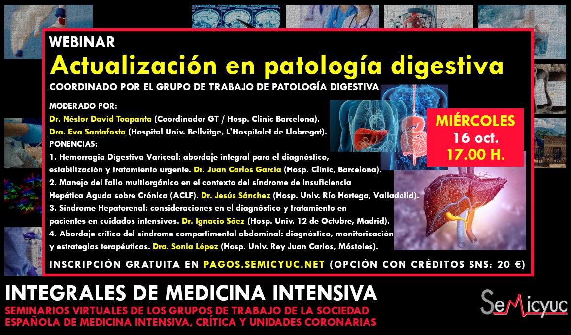 🗓️ Este miércoles 16 de octubre te esperamos en el webinar de Actualización en Patología Digestiva. 
Durante dos horas, nuestros expertos del Grupo de Trabajo nos permitirán ahondar en la hemorragia digestiva variceal, el manejo del fallo multiorgánico en contexto de ACLF, el
