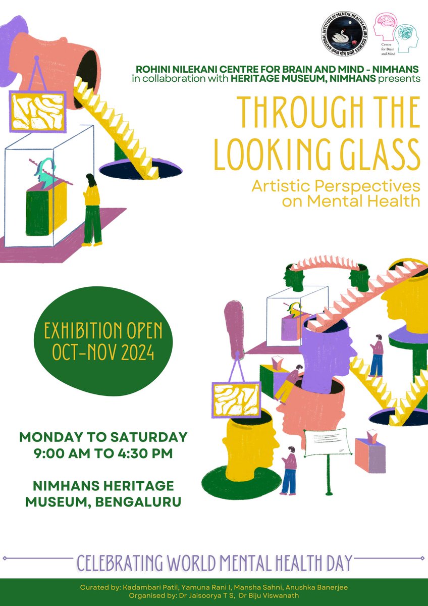The exhibition will run from October to November, free and open for public view at the Heritage Museum, NIMHANS.  
🗓️ Monday to Saturday (closed on 2nd Saturdays)  
⏰ 9:30 AM - 4:30 PM

Don't miss this inspiring blend of art and mental health awareness! 🎨🧠 #BangaloreEvents