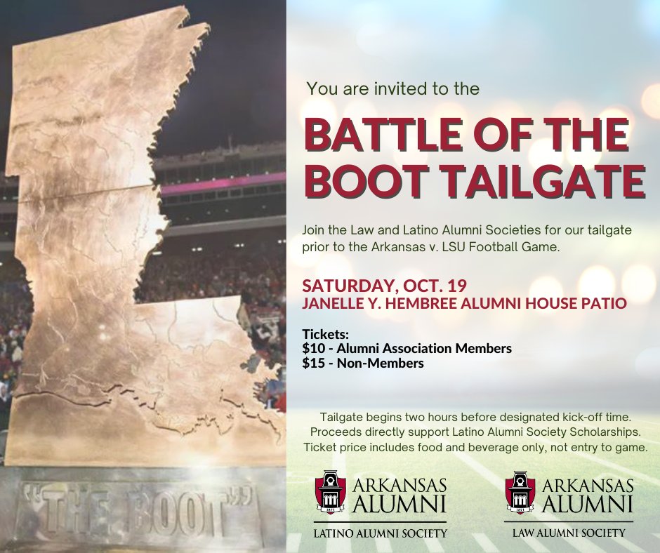 Calling All Hogs Home! Join the Law and Latino Alumni Societies for food, fun and fellowship before the Hogs take on LSU this Saturday. 

Tailgate tickets can be purchased at arkansasalumni.org/s/1429/bp20/in…...

#homecoming2024 #lawalumnisociety #latinoalumnisociety