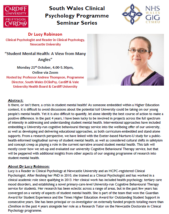 Dr Lucy Robinson from Newcastle University will be giving the next talk on the South Wales Clinical Psychology Programme Seminar Series on Monday 21st October. To register to attend, please complete this form: forms.office.com/e/UgbP6MhRUg