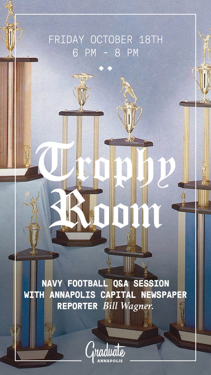 Bill Wagner (@bwagner_capgaz) on Twitter photo A reminder that I will be doing a meet and greet with <a href="/NavyFB/">Navy Football</a> fans this Friday night (6-8 p.m.) at The Graduate Hotel. We will gather in the Trophy Room for cocktails and conversation then I will conduct a question and answer session if there is interest. A reminder that I will be doing a meet and greet with <a href="/NavyFB/">Navy Football</a> fans this Friday night (6-8 p.m.) at The Graduate Hotel. We will gather in the Trophy Room for cocktails and conversation then I will conduct a question and answer session if there is interest.