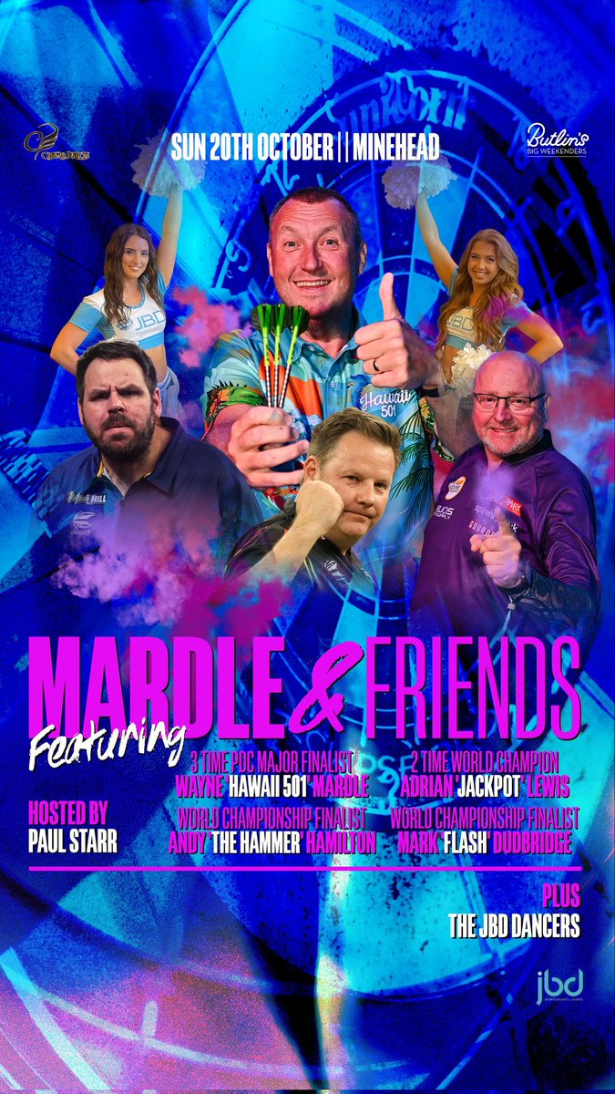 JBD EVENTS (@jbdsportsagents) on Twitter photo Week 4. See you Sunday 🎯🏆 <a href="/BigWeekenders/">Butlin's Big Weekenders</a> <a href="/Wayne501Mardle/">WAYNE MARDLE</a> <a href="/TheHammer180/">The Hammer</a> <a href="/markdudbridge/">Mark</a> <a href="/jackpot180/">Adrian Lewis</a>
<a href="/CosmoDarts/">Cosmo Darts</a> <a href="/CosmoDartsInt/">Cosmo Darts Global</a> Week 4. See you Sunday 🎯🏆 <a href="/BigWeekenders/">Butlin's Big Weekenders</a> <a href="/Wayne501Mardle/">WAYNE MARDLE</a> <a href="/TheHammer180/">The Hammer</a> <a href="/markdudbridge/">Mark</a> <a href="/jackpot180/">Adrian Lewis</a>
<a href="/CosmoDarts/">Cosmo Darts</a> <a href="/CosmoDartsInt/">Cosmo Darts Global</a>
