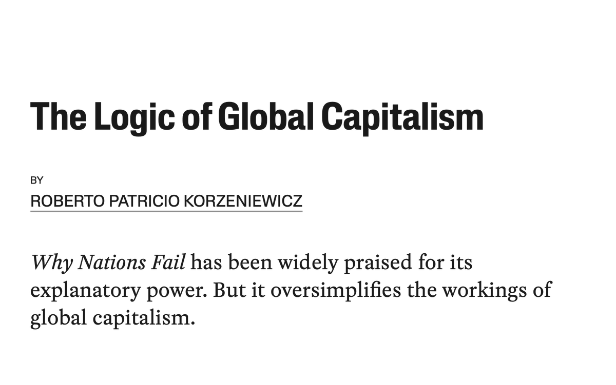 The best part about the Nobel in Economics being awarded to Acemoglu &amp; Robinson is reading the quote posts that bring back the pertinent critiques successfully dismantling their main argument. Here's my favorite by <a href="/rpkorzeniewicz/">Roberto Korzeniewicz</a> in <a href="/jacobinmag_de/">Jacobin Magazin</a> tinyurl.com/34byxeha