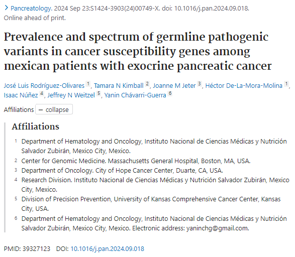 Estudio que ilustra la necesidad de realizar pruebas de panel multigénico para la evaluación del riesgo de cáncer genético en mexicanos con con cáncer de páncreas exocrino. Doi: 10.1016/j.pan.2024.09.018, participación del <a href="/incmnszmx/">INCMNSZ</a>  José Luis Rodríguez Olivares y cols.