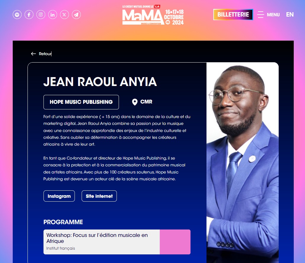 C'est un immense honneur d'avoir été invité à partager ma passion pour l'édition musicale avec vous tous, ici au MaMA Music &amp; Convention 2024.

Je remercie chaleureusement l'Institut INSTITUT FRANÇAIS pour cette opportunité unique. Ensemble, construisons l'avenir de la musique !