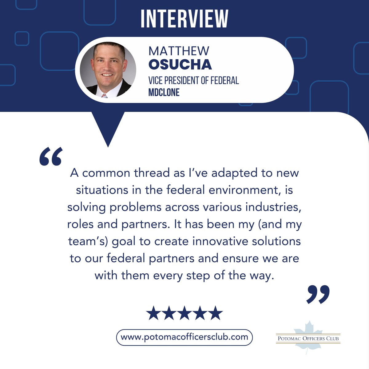PotomacOfficers's tweet image. Prior to entering the private sector, Matthew Osucha, vice president of MDClone’s North American Sales and Federal Sector, served in the U.S. Army for more than a decade.

Catch the full interview here: potomacofficersclub.com/executive-spot…
___
#ExecutiveSpotlight #MDClone
