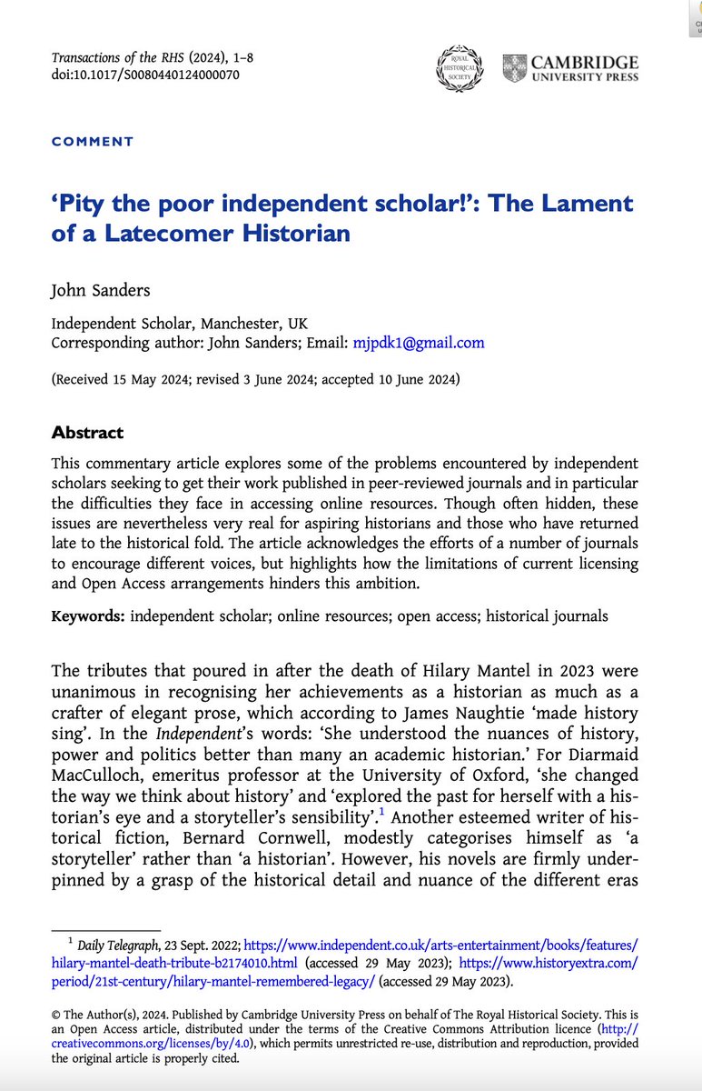 What's the experience of independent historians when it comes to research &amp; journal publishing? bit.ly/3NpBbf1

In this new 'Transactions @royalhistsoc' article, John Sanders assesses historical precedents and current realities of life beyond the academic mainstream 1/2