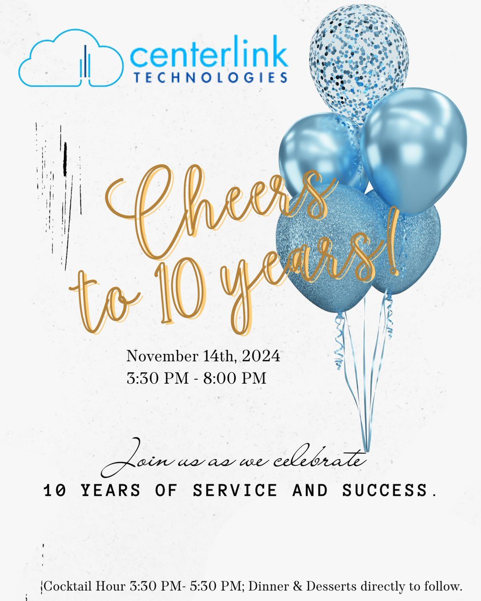 CenterlinkTech's tweet image. We&apos;re thrilled to celebrate a decade of service &amp;amp; success at Centerlink! We couldn’t have achieved it without the support of our community, partners, clients, &amp;amp; friends! If you&apos;re interested in attending, please contact us for details. We look forward to celebrating with you! 🥂