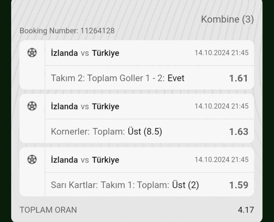 🇹🇷 Milli Takım Forma Etkinliği

⚽ Türkiyemiz 1-2 Gol
⛳ Genel 8.5 Üst Korner
🟨 İzlanda 2 Üst Sarı Kart

🎁 Kombinemiz kazanırsa RT+Beğeni atan 5 takipçime taraftar forması armağan edelim.