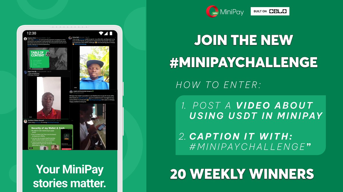 NEW #MiniPayChallenge 👉 20 weekly winners! 🤩

Here’s how you can enter: 

1⃣ Create a video showing how you use USDT in MiniPay in your daily life.  

👉 Be creative! Tutorials, lifestyle videos or your short story are all welcome. Examples in the comments 👇 

2⃣ Caption your