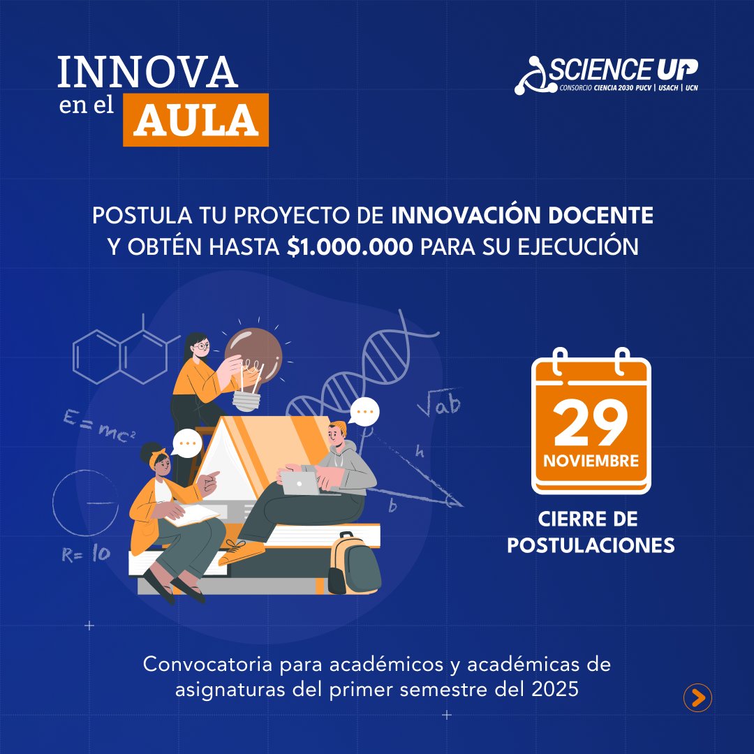 Scienceup_cl's tweet photo. Postula al "Innova en el Aula" con una innovación docente para ser implementada en el 1er semestre 2025 🚀

🤔¿Tienes dudas? Inscríbete a los talleres online donde resolveremos tus dudas: https://t.co/tpbYJVB67c

📲Más información: https://t.co/rPr3cQQwaw
#scienceup #ciencia2030 https://t.co/pPGQURS3kv