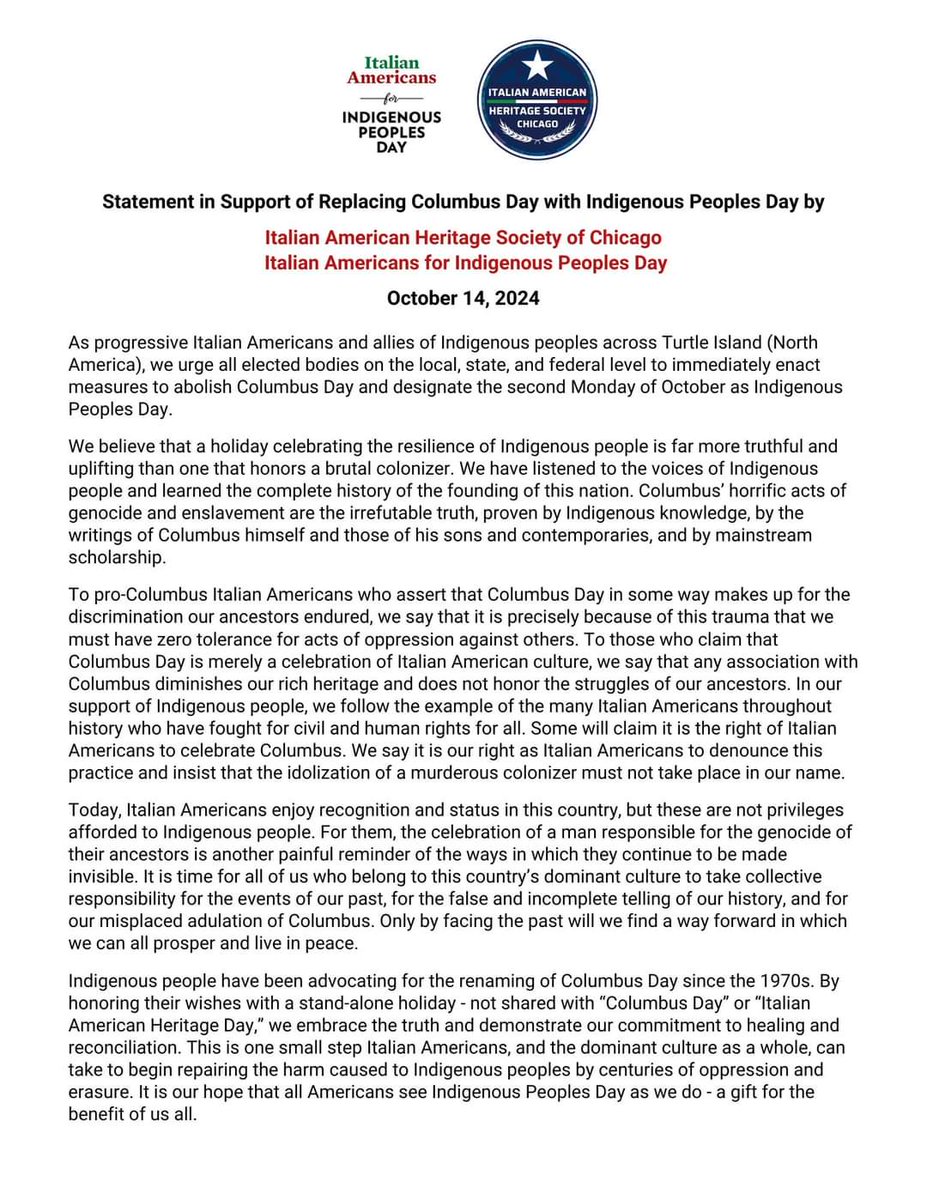 UAINE (@mahtowin1) on Twitter photo Great statement in support of #IndigenousPeoplesDay from Italian Americans for IPD <a href="/ItaliansforIPD/">ItaliansforIPD</a> and Italian American Heritage Society of Chicago <a href="/chicago_italian/">Italian American Heritage Society of Chicago</a>.
Anti-racist Italians🇮🇹backing abolition of Columbus Day have often played an important role in #SinkingColumbus. Great statement in support of #IndigenousPeoplesDay from Italian Americans for IPD <a href="/ItaliansforIPD/">ItaliansforIPD</a> and Italian American Heritage Society of Chicago <a href="/chicago_italian/">Italian American Heritage Society of Chicago</a>.
Anti-racist Italians🇮🇹backing abolition of Columbus Day have often played an important role in #SinkingColumbus.