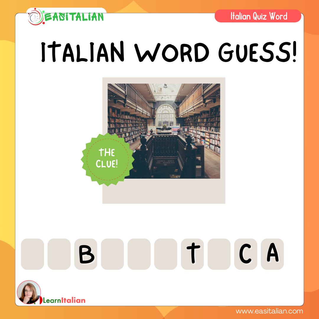Italian Word Guess!
Can you guess the word from the clue? 🤔
Let’s see how many of you know this one! Comment below with your guess! 
Hint: It's a quiet place where you can find many books!
#LearnItalian #ItalianVocabulary #ItalianWordGuess #ItalianLanguage #EasyItalian #Italian