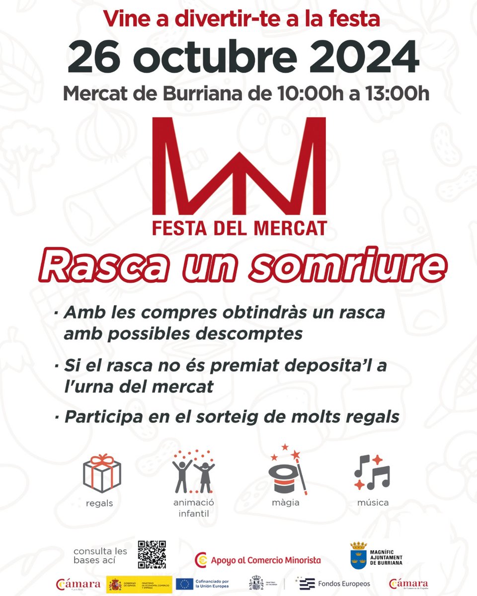 ℹ "LA FESTA DEL MERCAT - RASCA UN SOMRIURE" 

🛍 El Ayuntamiento y la Asociación de Comerciantes del Mercado Municipal, con la colaboración de la Cámara de Comercio de Castellón, han lanzado esta campaña para incentivar las compras en el mercado. 

🔗 acortar.link/qXAqeg