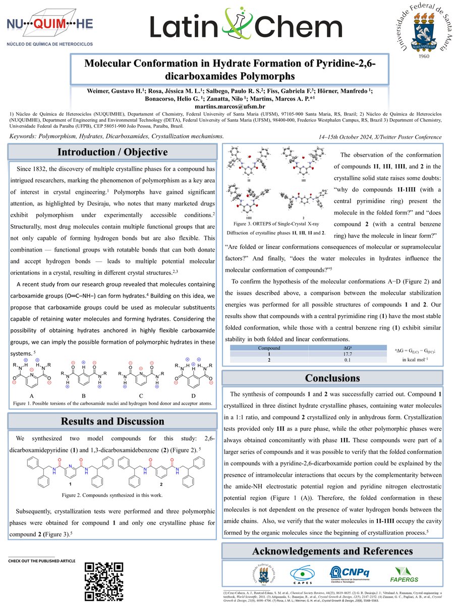 Gustavo25 (@weimer_gustavo) on Twitter photo Hi <a href="/LatinXChem/">LatinXChem</a> presenting my work "Molecular Conformation in Hydrate Formation of Pyridine-2,6-dicarboxamides Polymorphs" #LatinXChem24 #LatinXChemSupra #Supra16 #SupramolecularChemistry #CrystalEngineering #UFSM <a href="/UFSM_oficial/">UFSM - Universidade Federal de Santa Maria</a> Hi <a href="/LatinXChem/">LatinXChem</a> presenting my work "Molecular Conformation in Hydrate Formation of Pyridine-2,6-dicarboxamides Polymorphs" #LatinXChem24 #LatinXChemSupra #Supra16 #SupramolecularChemistry #CrystalEngineering #UFSM <a href="/UFSM_oficial/">UFSM - Universidade Federal de Santa Maria</a>
