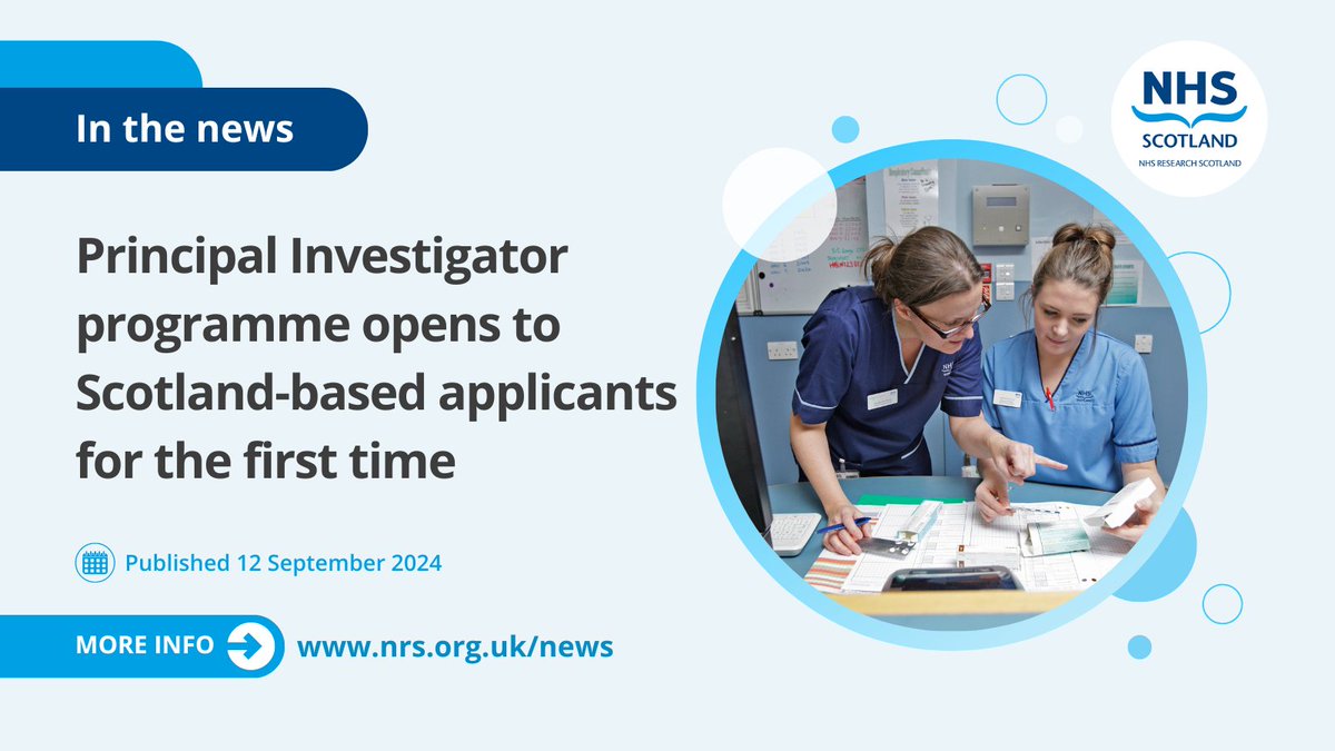NHS Research Scotland (@nhsresearchscot) on Twitter photo Research delivery nurses and midwives are urged to apply for the <a href="/NIHRresearch/">National Institute for Health and Care Research</a> Principal Investigator Pipeline Programme, open until Sunday 17 November. @WTCRF_Education, <a href="/CSO_Scotland/">CSO(Health)Scotland</a>
Read more about the opportunity, and how to apply, on our website 👉 nhsresearchscotland.org.uk/news/principal… Research delivery nurses and midwives are urged to apply for the <a href="/NIHRresearch/">National Institute for Health and Care Research</a> Principal Investigator Pipeline Programme, open until Sunday 17 November. @WTCRF_Education, <a href="/CSO_Scotland/">CSO(Health)Scotland</a>
Read more about the opportunity, and how to apply, on our website 👉 nhsresearchscotland.org.uk/news/principal…