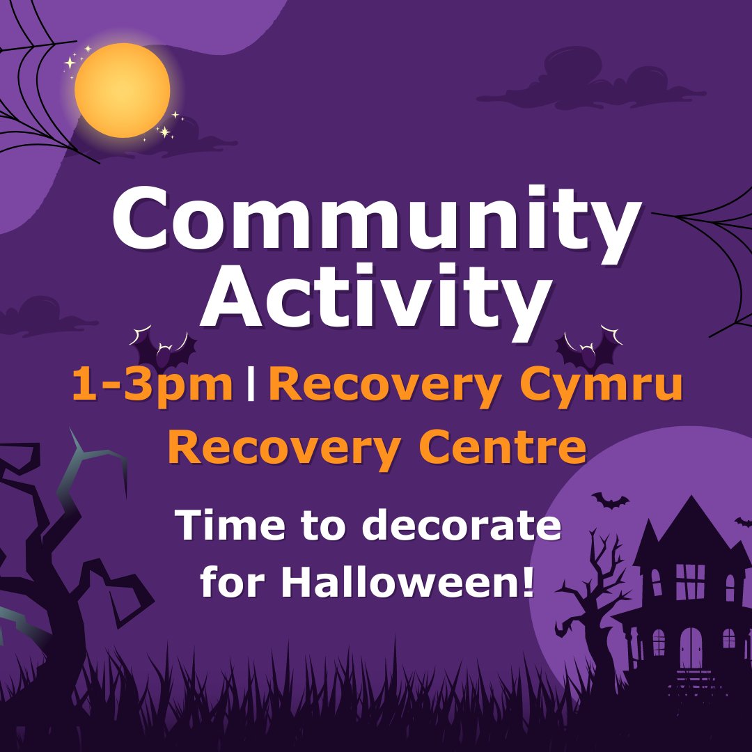 RecoveryCymru's tweet image. We&apos;re decorating the Recovery Cymru Centre for Halloween this Thursday and need your creative touch! Members and volunteers can join us to make the space spook-tacular. Pumpkins, ghosts, cobwebs—let&apos;s get creative together!  #CommunityActivity #HalloweenFun #RecoveryCymru