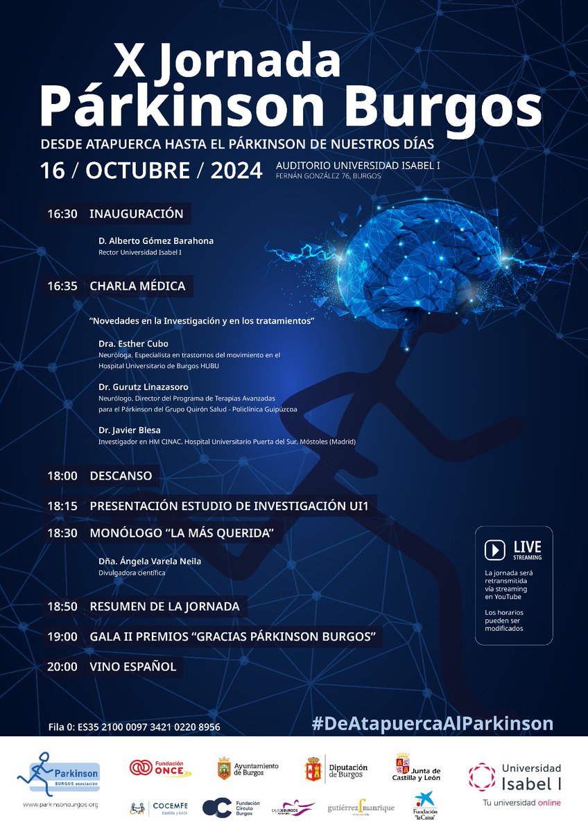 ParkinsonBurgos's tweet photo. No te pierdas la X Jornada #PárkinsonBurgos en colaboración con @ui1Universidad. 🗓️Este miércoles 16 de octubre a partir de las 16:30 en el Auditorio de la Universidad Isabel I. Charlas, presentaciones y la II Entrega de Premios "Gracias Párkinson Burgos", ¡te esperamos! https://t.co/nsRxjDz1qN