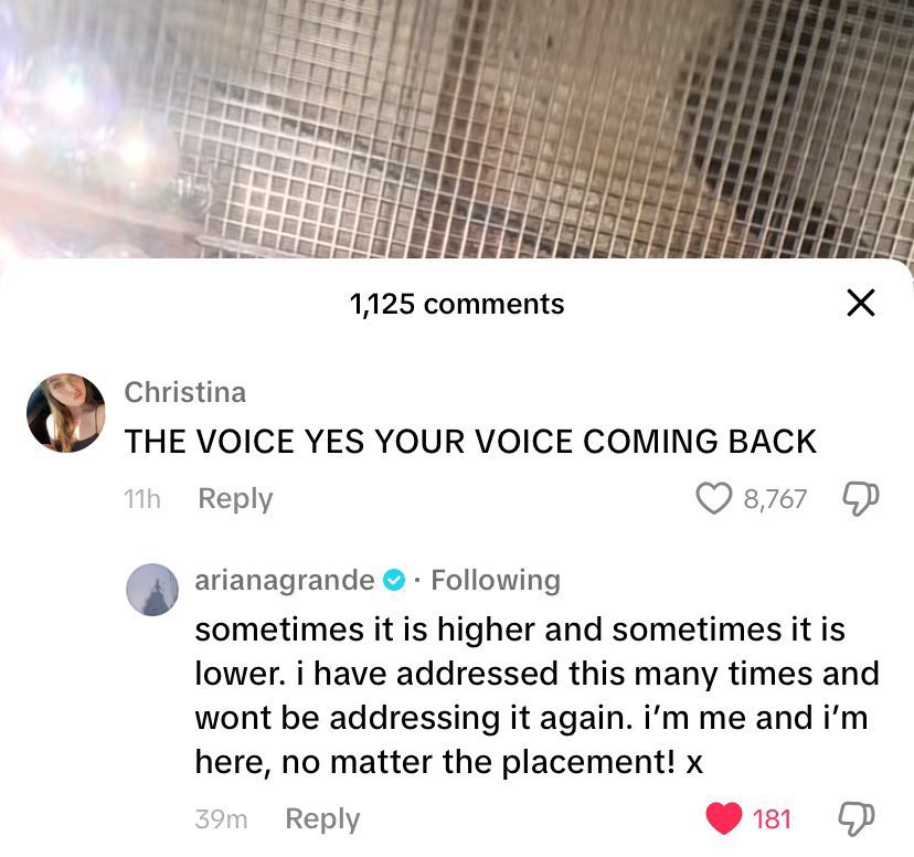 ArianaToday's tweet photo. ariana grande responds to a comment about her voice:

“sometimes it is higher and sometimes it is lower. i have addressed this many times and wont be addressing it again.” https://t.co/qsUMuE8AJq