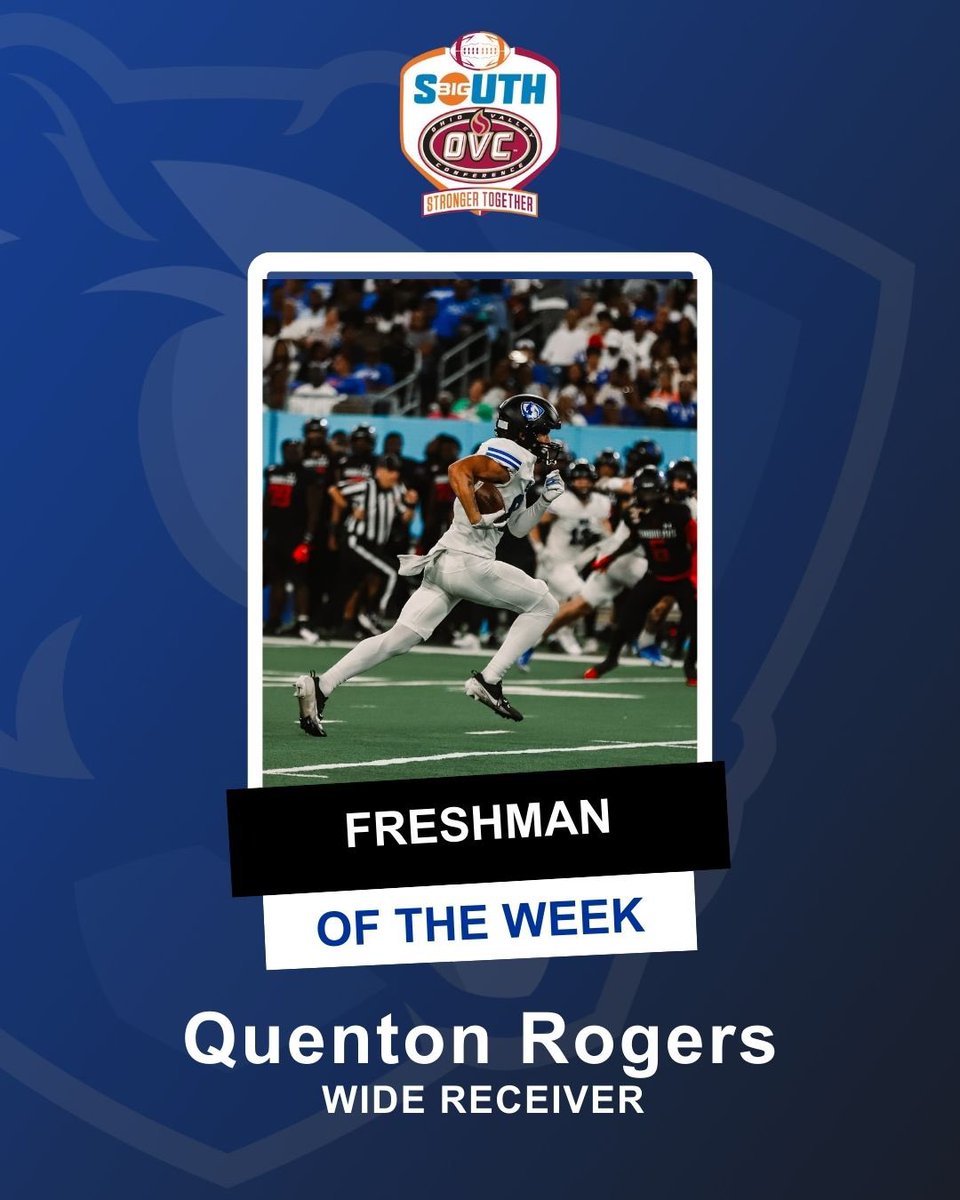 Quenton Rogers is our Big South-OVC Freshman of the Week!

<a href="/RogersQuenton/">Quenton Rogers</a> had five receptions for 103 yards in his first career start on Saturday night. 

#WeNotMe | #BleedBlue