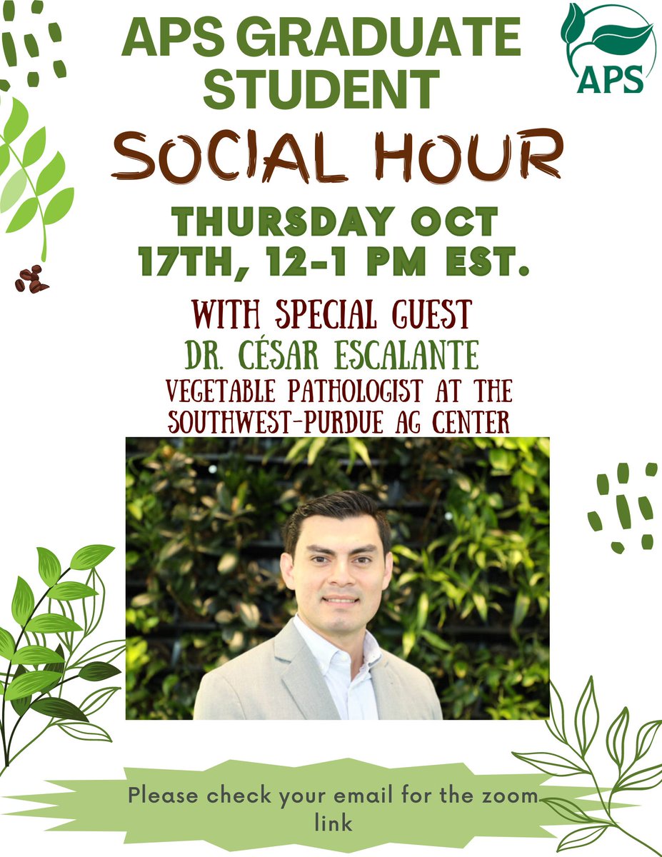 APS Graduate Student Committee (@plantpathgrads) on Twitter photo Happy Monday! Social Hour is this Thursday at 12pm with Dr. Cesar Escalante. Don't miss it! Happy Monday! Social Hour is this Thursday at 12pm with Dr. Cesar Escalante. Don't miss it!