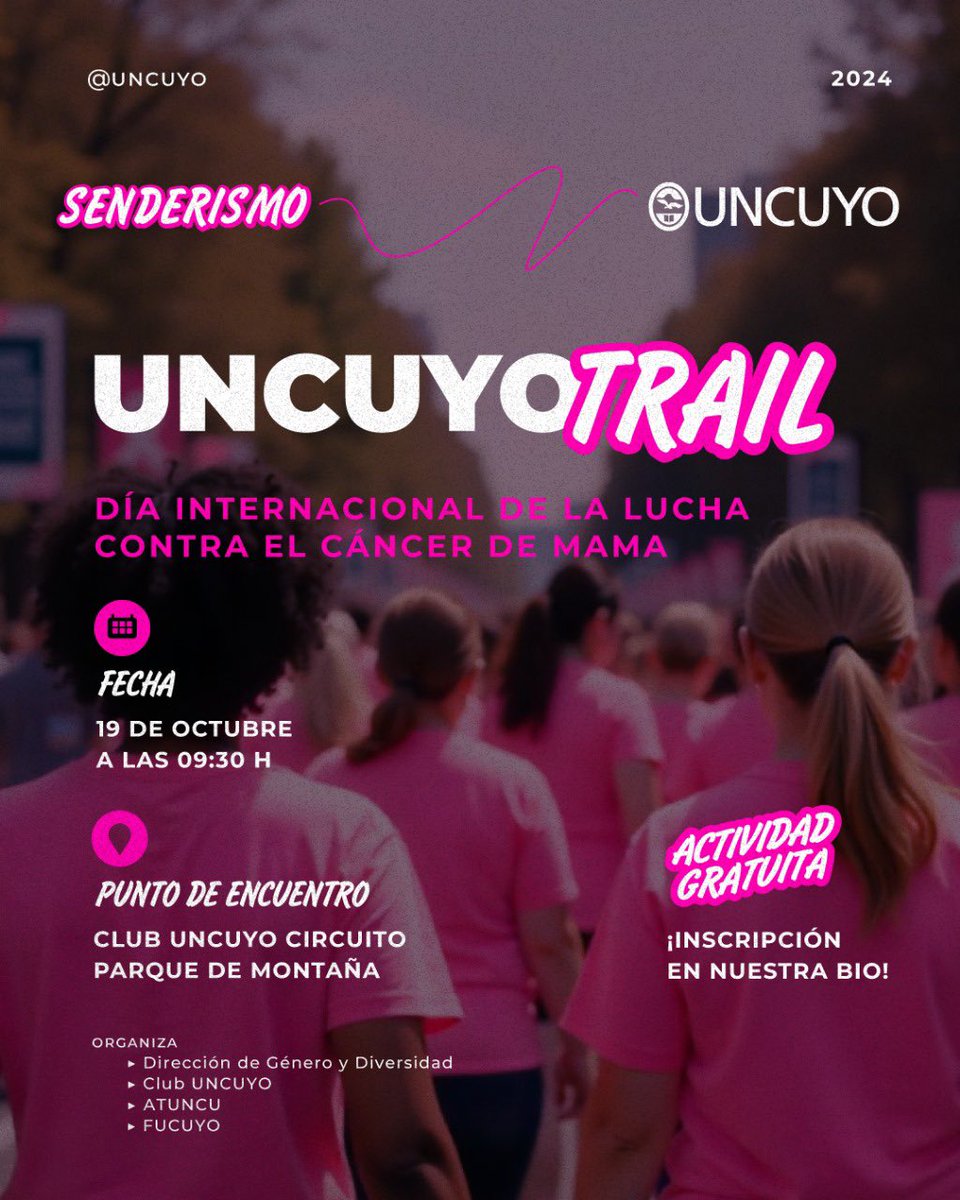 🩷 Senderismo por el mes rosa 🩷

🚶‍♀️🚶‍♂️ Junto al @clubuncuyo y @turismo_uncuyo , promovemos la importancia de la actividad física para la prevención del cáncer de mama. ¡Te esperamos el 19 de octubre a las 09:30hs con un senderismo por el parque deportivo de montaña! 🥾🌳