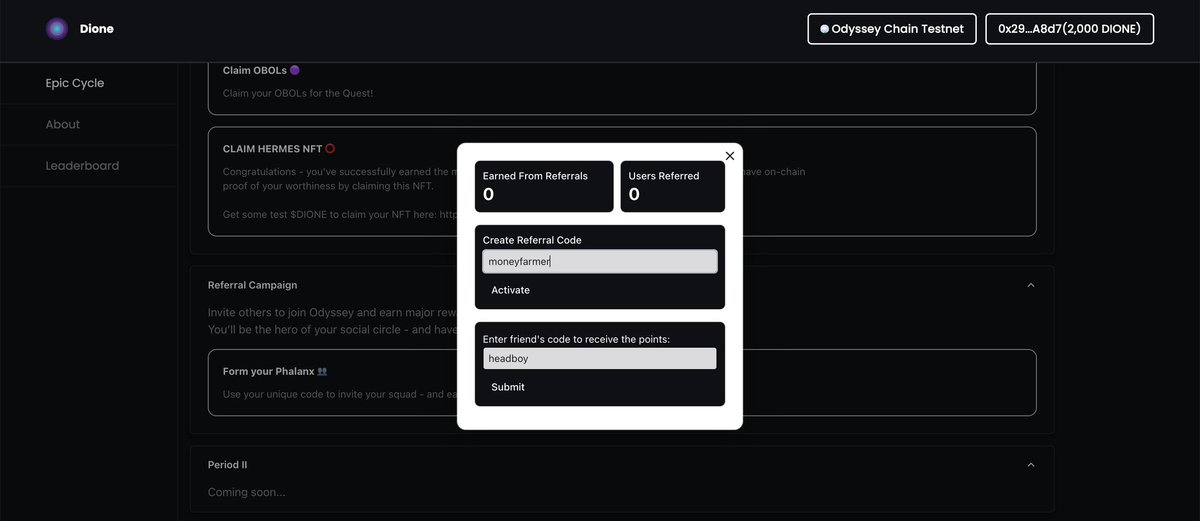 Simple Guide On <a href="/DioneProtocol/">Dione Protocol</a> Oddessy Testnet 

Get Faucet: 
🔗 portal.dioneprotocol.com/faucet
Switch From Ethereum To Dione Odyssey Testnet, Then Click Request Token

You’d Receive 2000 $DIONE

Interact On Quest:
🔗 quest.dioneprotocol.com
Complete All Social Quest, Like Twitter &amp;