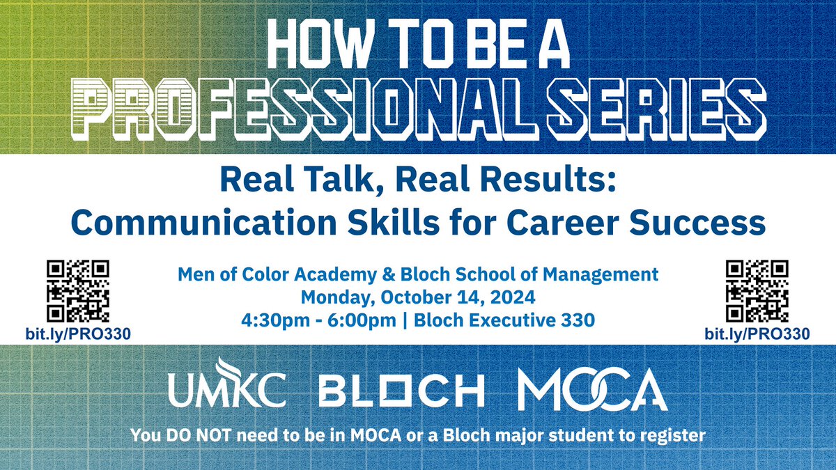 🌮 Taco Bar! 🌮

Join us tonight for the first installment of the How to be a Pro series. Open to all UMKC students, this free workshop provides advice and activities to develop your professional communication skills.

Register ahead on Roo Groups: bit.ly/PRO330