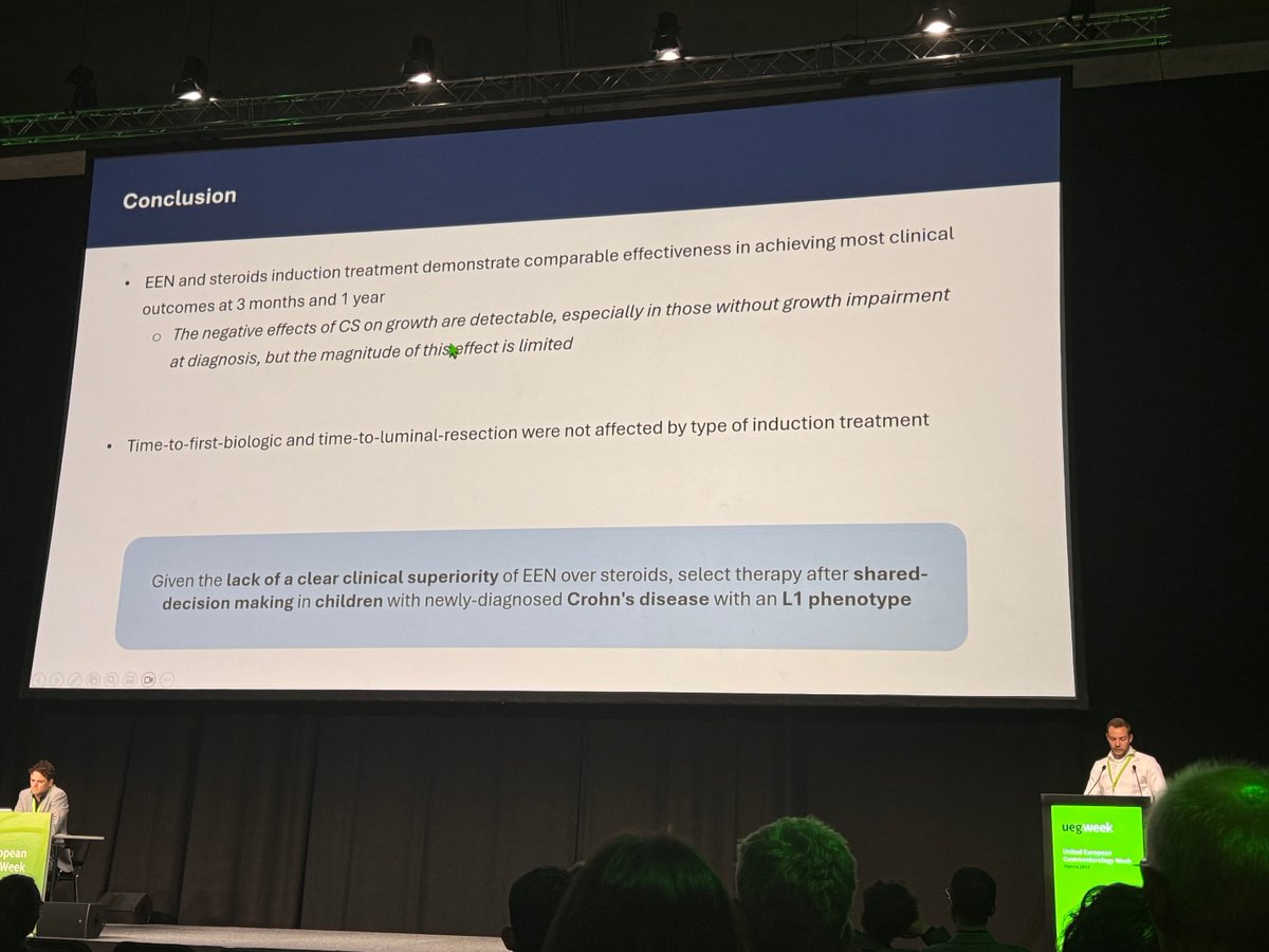 Kotlarz Lab (@kotlarz_lab) on Twitter photo Great presentation by <a href="/KlombergRenz/">Renz Klomberg</a> showcasing comparable effectiveness of EEN and steroids in achieving clinical outcomes. Emphasizing the importance of shared decision-making when selecting therapy for children with newly diagnosed #CrohnsDisease and L1 phenotype.
#UEGWeek2024 Great presentation by <a href="/KlombergRenz/">Renz Klomberg</a> showcasing comparable effectiveness of EEN and steroids in achieving clinical outcomes. Emphasizing the importance of shared decision-making when selecting therapy for children with newly diagnosed #CrohnsDisease and L1 phenotype.
#UEGWeek2024