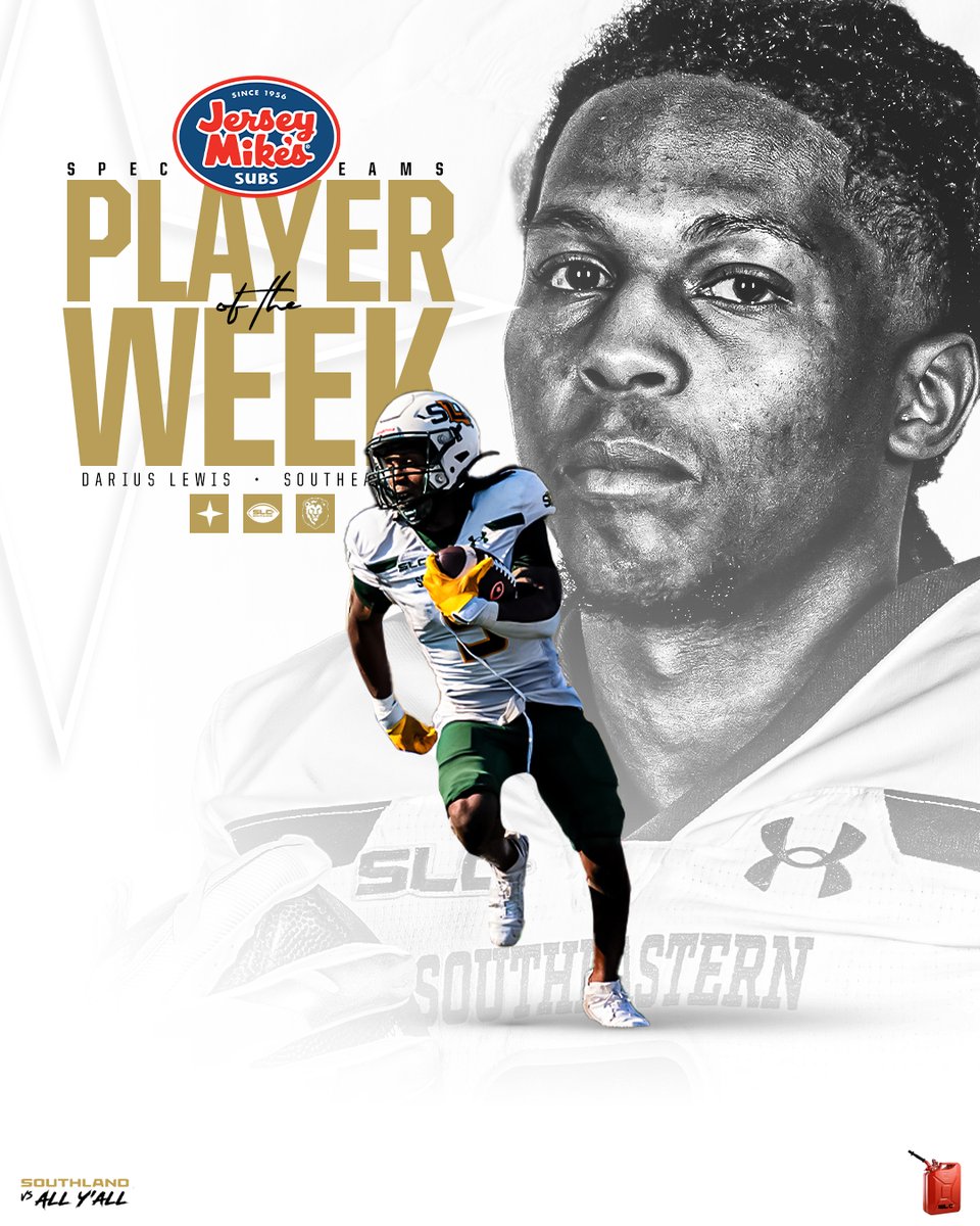 SPECIAL PLAYMAKER

After setting a new single-game school record with 39.3 yards per punt return, including a 62 and 55 yarder, Southeastern's Darius Lewis was named the <a href="/jerseymikes/">Jersey Mike's Subs</a> Southland Special Teams Player of the Week!

#GTL