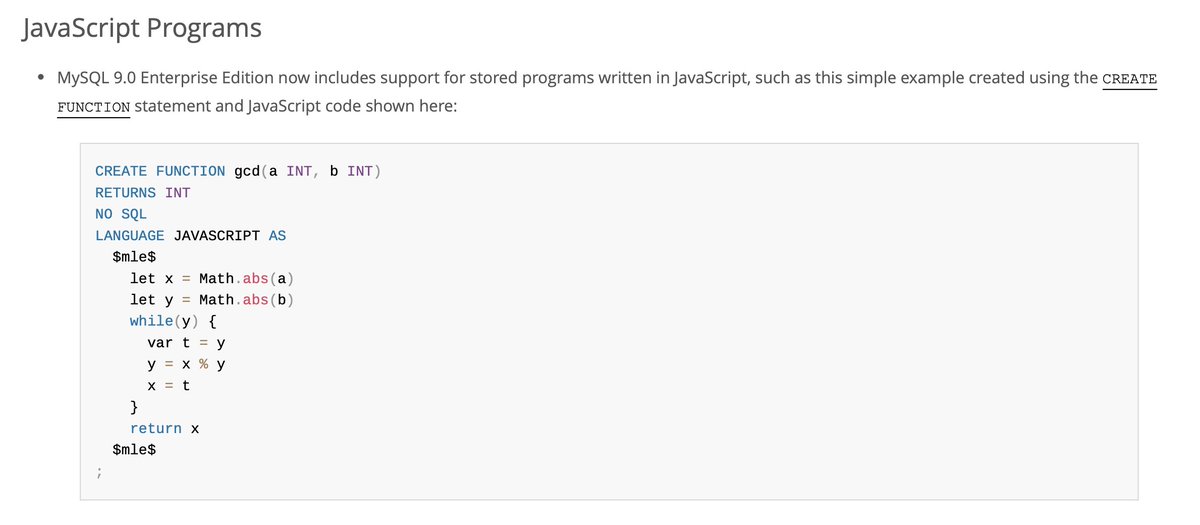 mmartin_joo's tweet image. MySQL 9 just came out and it supports Javascript stored programs.

Worst idea ever.