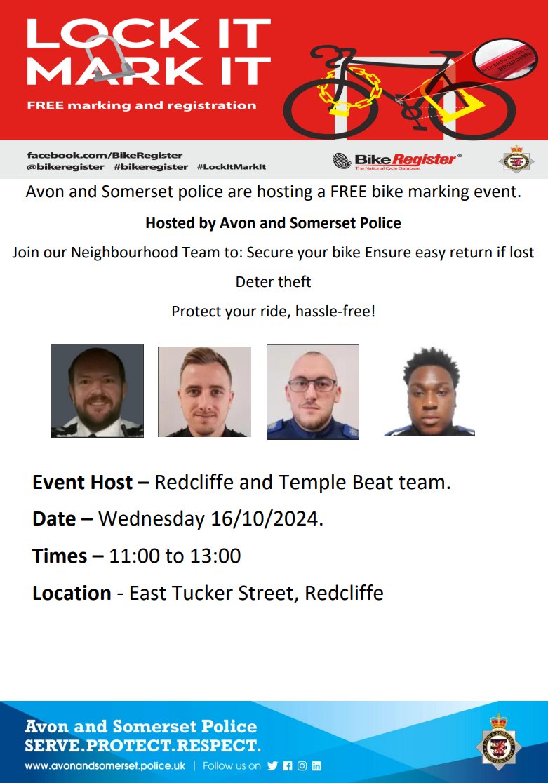 🚲 Bike Marking Event 🚲 

If you want to make your bike that bit more secure 🔒 come on down and visit the neighbourhood team marking the bikes with BikeRegister marks!

📅 16/10/2024
⏰ 11:00-13:00
🏛️ East Tucker Street, Redcliffe

We hope to see you!

#NPTRedcliffe