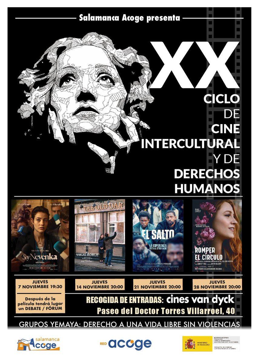 INKEA75's tweet photo. XX Ciclo de Cine Intercultural y de Derechos Humanos
Organiza @SalamancAcoge 
con la inestimable colaboración de  @cinesvandyck 
Diseño e ilustración @INKEA75 https://t.co/auawcxjMo6