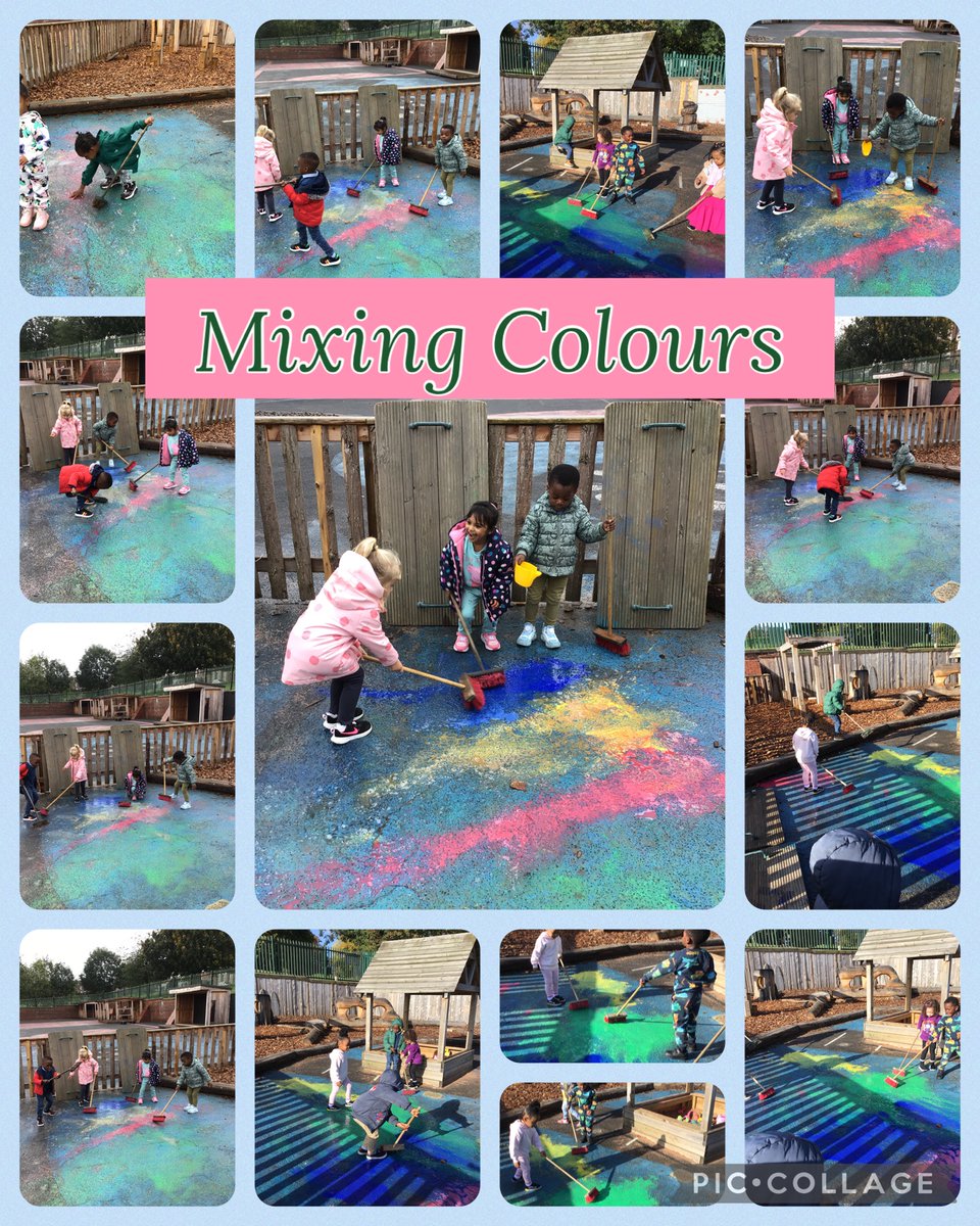W/E 11.10.24: The #Nursery children took their learning of colours (from Maths and Art lessons) outside and experimented mixing paint on the wet playground. They made some fabulous patterns and creations!