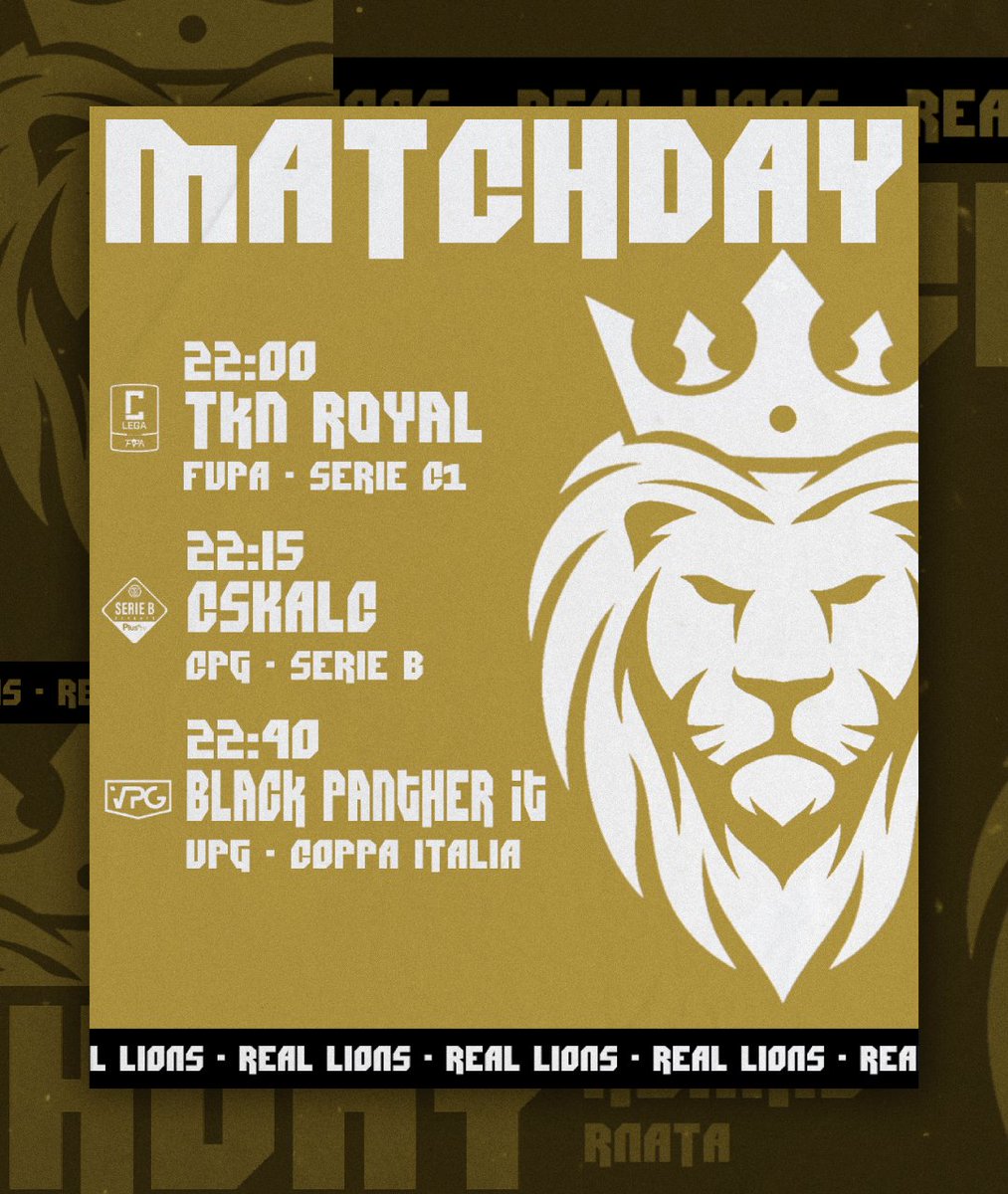 RealLions_'s tweet photo. 𝕄𝔸𝕋ℂℍ 𝔻𝔸𝕐

🏆| @FVPA_net
🏟️| @RoyalRedBulls
🕘| 22:00

🏆| @CPGitaly
🏟️| @OfficialCSKALC
🕘| 22:15

🏆| @VPGItaly (Coppa Italia)
🏟️| @BKP_PANTHER
🕘| 22:40

@ProClubsRTweets @RTAllProClub @Tutto_ProClub https://t.co/NbStuP4FOB