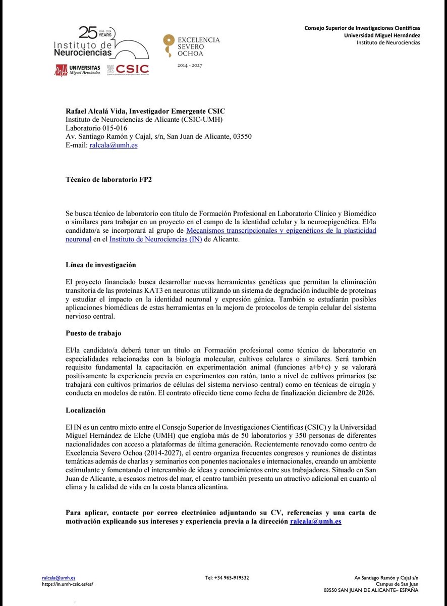 Rafalcala (@rafalcala2) on Twitter photo 📣WE ARE HIRING📣
We are looking for a laboratory technician to work with us in the Laboratory of Transcriptional and epigenetic mechanisms of neuronal plasticity based at the <a href="/NeuroAlc/">Instituto de Neurociencias UMH-CSIC</a>.
🔽Check it out! 🔽 📣WE ARE HIRING📣
We are looking for a laboratory technician to work with us in the Laboratory of Transcriptional and epigenetic mechanisms of neuronal plasticity based at the <a href="/NeuroAlc/">Instituto de Neurociencias UMH-CSIC</a>.
🔽Check it out! 🔽