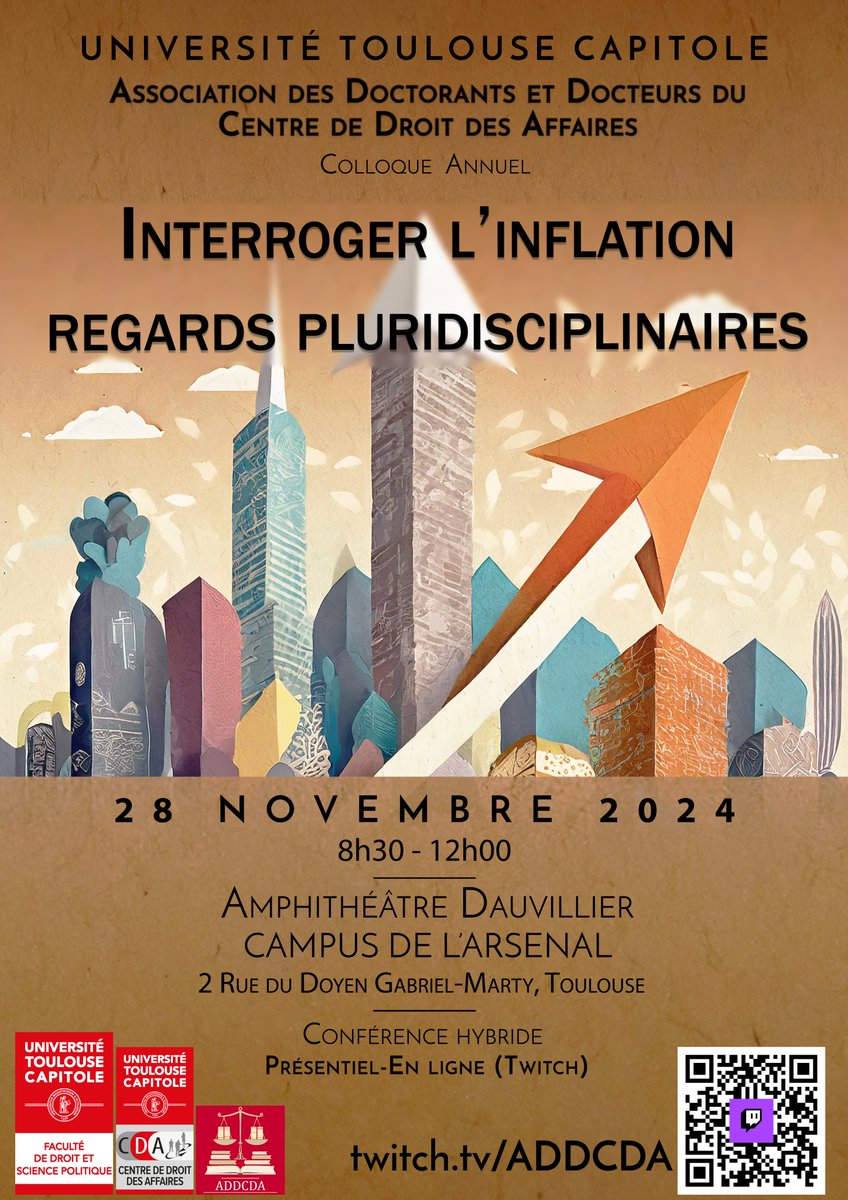 ADDCDA_UTCAP's tweet image. Comme chaque année, l&apos;ADDCDA organise son colloque annuel. 
Cette année c&apos;est l&apos;inflation qui occupera nos intervenant(e)s lors d&apos;une demi-journée d&apos;étude le 28 novembre 2024 au matin ! 

L&apos;évènement sera disponible en présentiel ou via Twitch (twitch.tv/addcda).