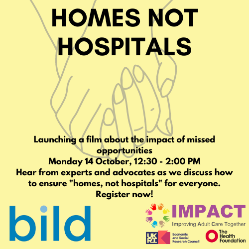 BILD_tweets's tweet photo. Our next FREE webinar is starting in just an hour!

Join us and @impadultcare launching the ‘Homes not hospitals: the impact of missed opportunities’ film on 14 October at 12.30pm

Register your place at: https://t.co/J9FhyjH4QD

#HomesNotHospitals 
#IMPACTNetwork 
#HumanRights https://t.co/OucSUMVQaJ