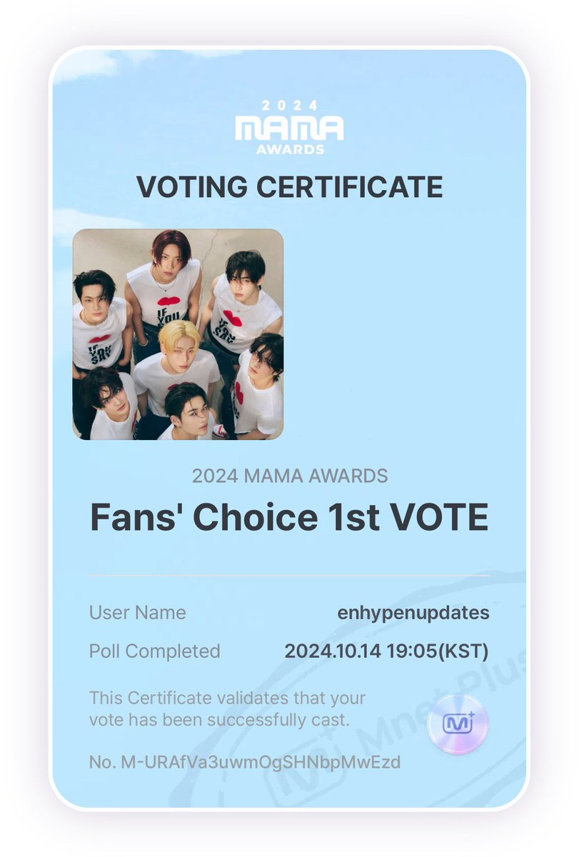 enhypenupdates's tweet photo. Pre-voting for "Fans’ Choice (Male)" has started! Cast your votes and let's aim for #1!🔥

Vote here:
🔗 Mnet Plus (90%):
• You can only vote once a day per account and device
• You must cast your vote for one male and one female artist
🔗 X (10%):
• You must use both #enhypen and #2024MAMAVOTE
• You can only vote once a day per account
• Your account must be public
• Reposts of a valid post from another account also count as a valid vote
• Posts containing hashtags for multiple artists will not be counted as a valid vote
⏱️ Ends on October 25 (11:59PM KST)

@ENHYPEN_members @ENHYPEN #ENHYPEN #엔하이픈 #2024MAMA #MAMAAWARDS