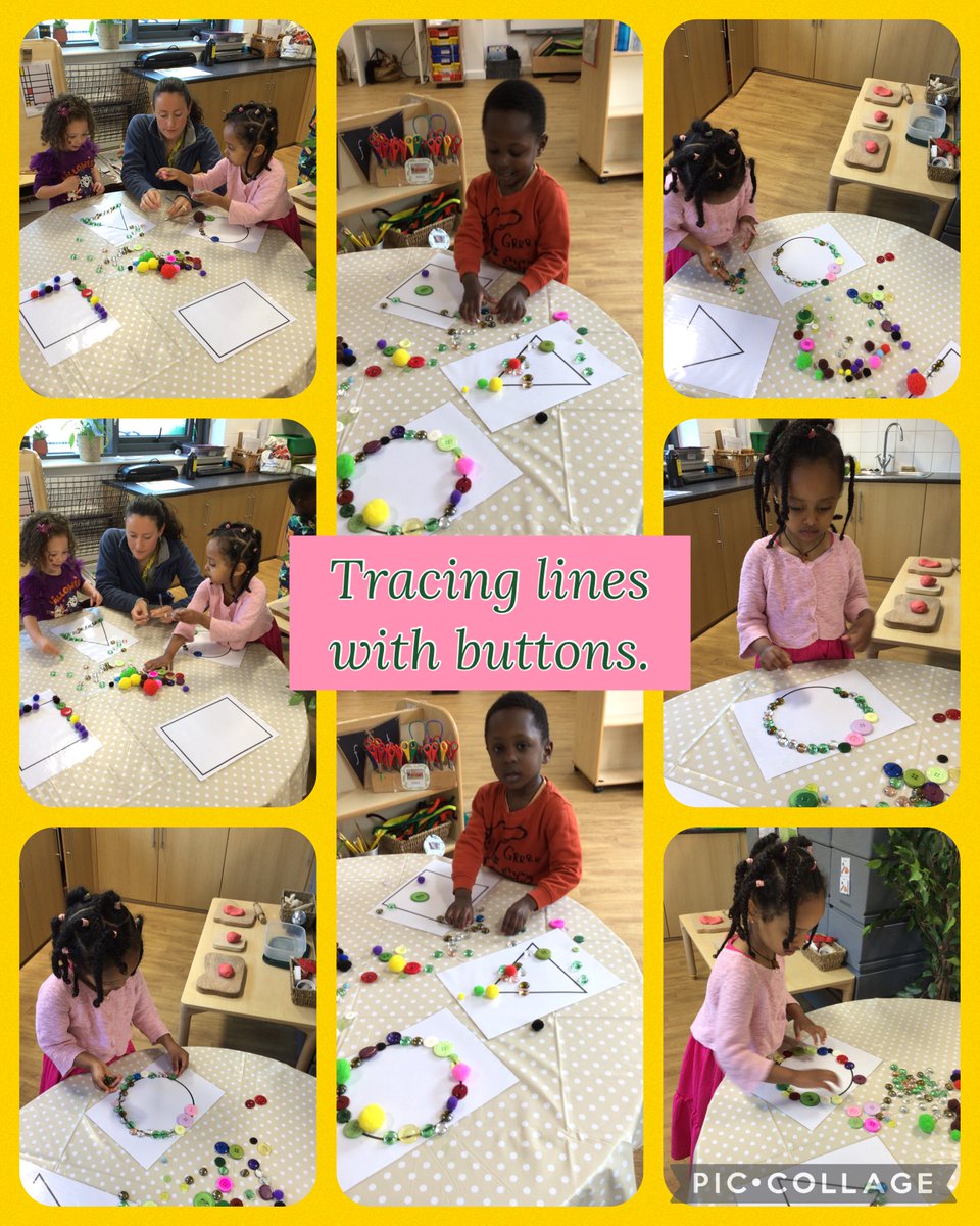 W/E 11.10.24:It is very important for #Nursery children to learn how to improve their finger manipulation skills so that later on they can hold pens &amp; pencils correctly as well as grip things to climb. Here they are developing these skills by placing objects along shape outlines.