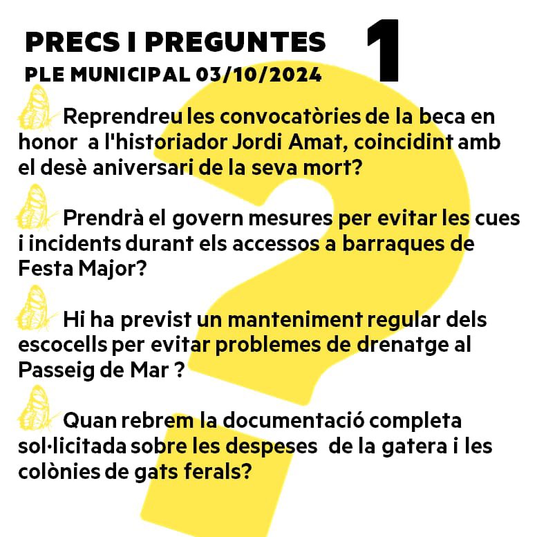 ERCCalella's tweet photo. ❓Al Ple d’octubre hem presentat preguntes i precs clau sobre la Beca Jordi Amat, la seguretat a la Festa Major, el drenatge del Passeig Manuel Puigvert, la neteja d’espais històrics i més! Volem solucions reals per millorar Calella! 💬
#PleMunicipal #TransformemCalella🦋 https://t.co/xWwVT3dgRT