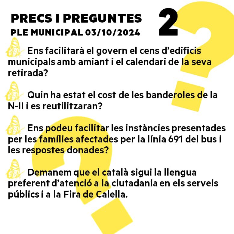 ERCCalella's tweet photo. ❓Al Ple d’octubre hem presentat preguntes i precs clau sobre la Beca Jordi Amat, la seguretat a la Festa Major, el drenatge del Passeig Manuel Puigvert, la neteja d’espais històrics i més! Volem solucions reals per millorar Calella! 💬
#PleMunicipal #TransformemCalella🦋 https://t.co/xWwVT3dgRT