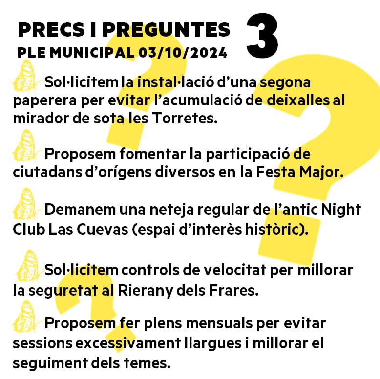 ERCCalella's tweet photo. ❓Al Ple d’octubre hem presentat preguntes i precs clau sobre la Beca Jordi Amat, la seguretat a la Festa Major, el drenatge del Passeig Manuel Puigvert, la neteja d’espais històrics i més! Volem solucions reals per millorar Calella! 💬
#PleMunicipal #TransformemCalella🦋 https://t.co/xWwVT3dgRT