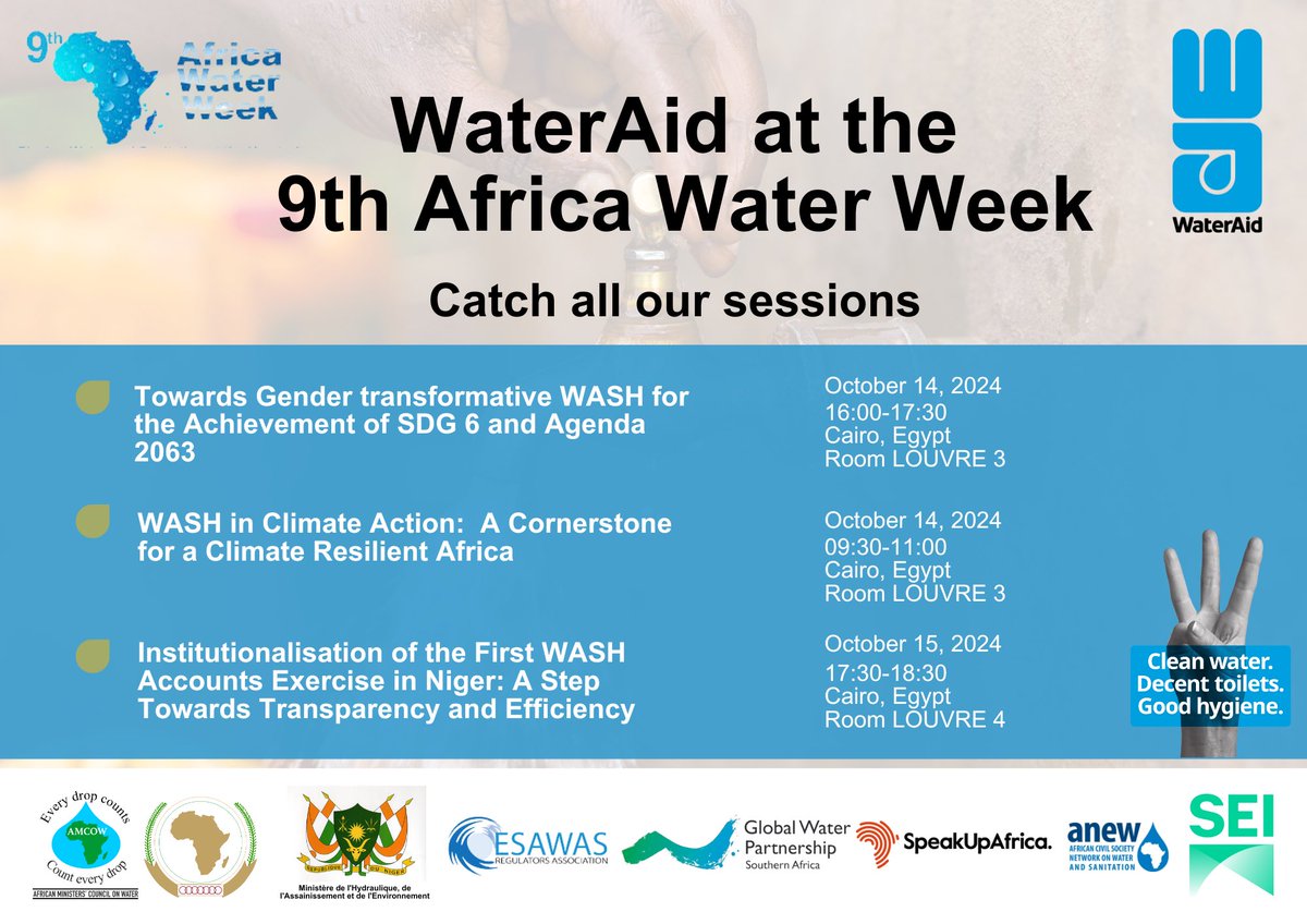 WaterAidEA's tweet image. 💧 WaterAid and partners are discussing how to make water, sanitation, and hygiene accessible to all. Join our sessions today!

#WaterAid #AfricaWaterWeek #AMCOW #UNICEF #Agenda2063 #CleanWaterForAll