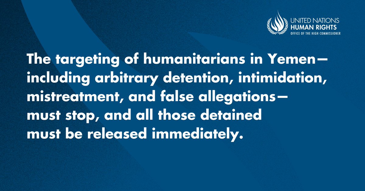 UNHumanRights's tweet photo. #Yemen: extremely concerned about reported referral to “criminal prosecution” by Houthi de facto authorities of a number of arbitrarily detained staff, incl. a @UNHumanRights colleague. All those detained must be released immediately & unconditionally – @volker_turk in joint statement with @UN entities & NGOs.

https://t.co/UFUxotJFr7