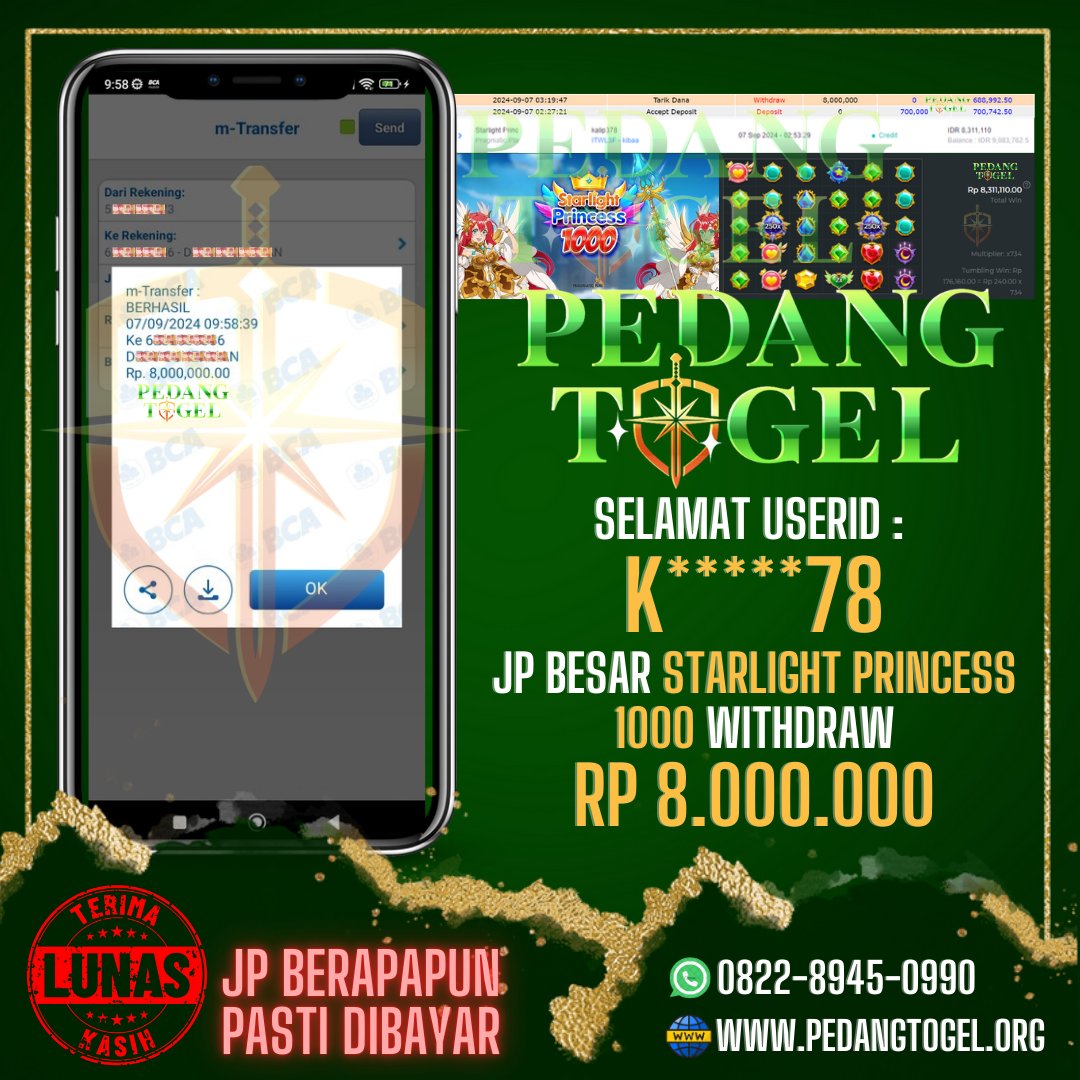 PEDANGTOGEL's tweet photo. PEDANG TOGEL
Menggucapkan selamat atas JP Besar Di STTARLIGHT PRINCESS 1000 TOTAL WD Sebesar RP 8.000.000

Link Masuk Pedang Togel :
https://t.co/ssqZBzFGev

#pedangtogel #pedangtoto #daftarpedangtogel #loginpedangtogel #linkalternatifpedangtogel #maxwinslot #jpslot https://t.co/lRTwvwwnZ6