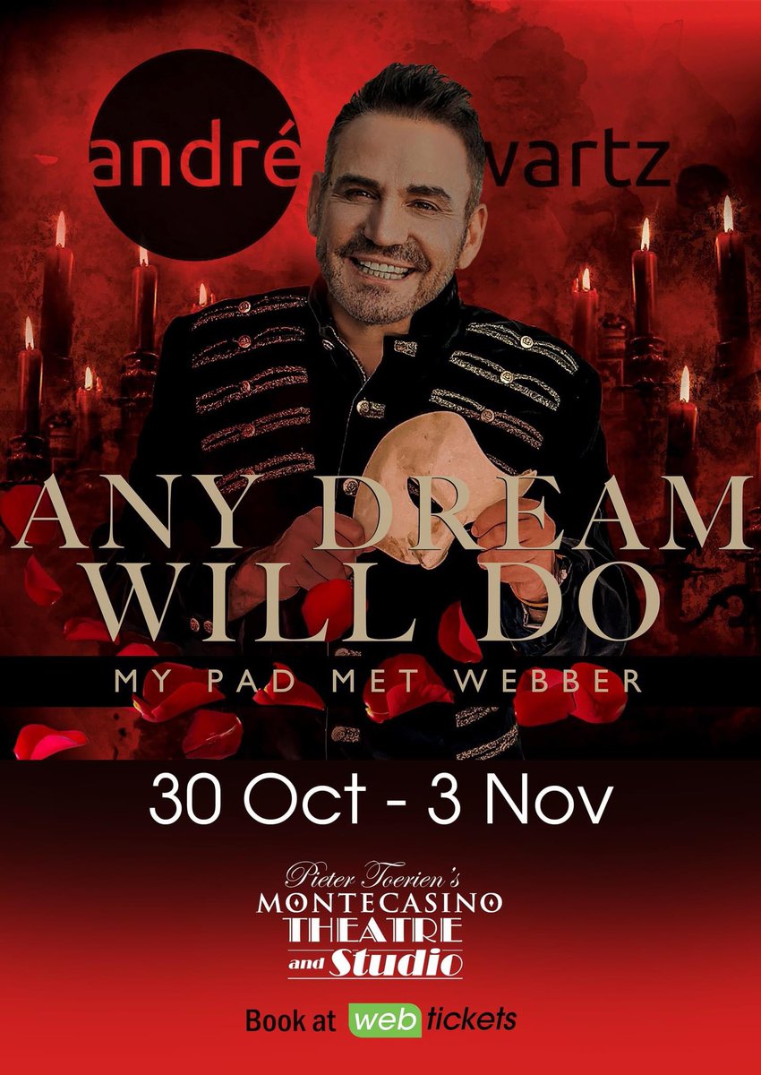 Monte_Theatre (@monte_theatre) on Twitter photo Any Dream will do – My Pad met Webber
Andre Schwartz
Pieter Toerien’s Montecasino Theatre
ONE WEEK ONLY!
30 Oct – 3 Nov
<a href="/webticketsSA/">webtickets.co.za</a> <a href="/PieterToerien/">Pieter Toerien Productions</a> <a href="/Andre_Schwartz/">Andre Schwartz</a> <a href="/MONTECASINOZA/">MONTECASINO</a> Any Dream will do – My Pad met Webber
Andre Schwartz
Pieter Toerien’s Montecasino Theatre
ONE WEEK ONLY!
30 Oct – 3 Nov
<a href="/webticketsSA/">webtickets.co.za</a> <a href="/PieterToerien/">Pieter Toerien Productions</a> <a href="/Andre_Schwartz/">Andre Schwartz</a> <a href="/MONTECASINOZA/">MONTECASINO</a>