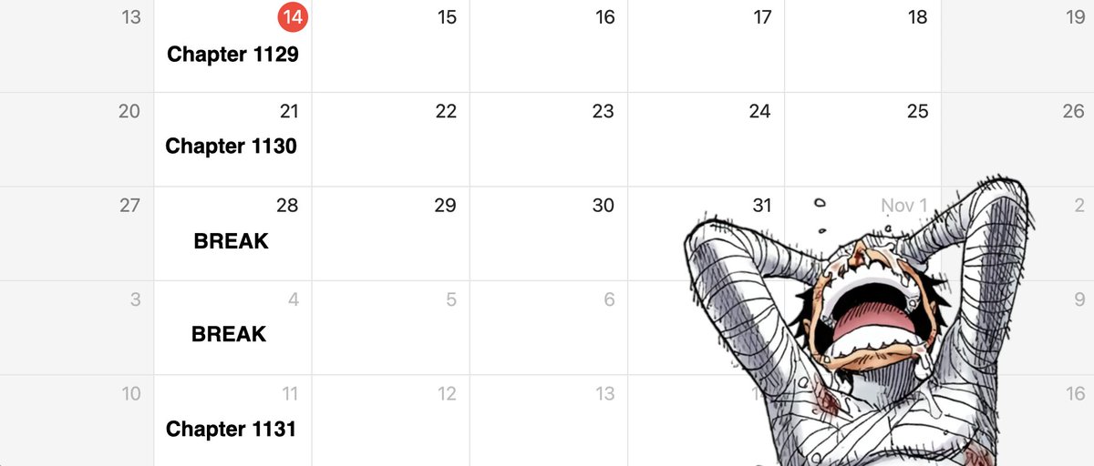 newworldartur's tweet photo. One Piece manga will be on a THREE WEEK HIATUS from October 21st to November 11th https://t.co/BPNnTTh7n8