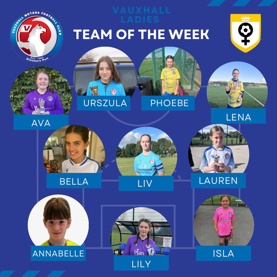 Team of the Week (Week 6)

An absolutely stacked TOTW 🤍 full of our future Motors Ladies 🤍

•U9 Frontera - Annabelle
•U10 Crossland - Isla
•U11 Corsa - Bella
•U11 Vectra - Lauren
•U12 Omega - Phoebe
•U12 Tigra - Ava
•U13 Cavalier - Lena
•U13 Calibra - Urszula
•U15