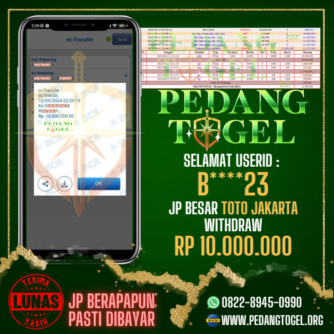 PEDANGTOGEL's tweet photo. PEDANG TOGEL
Menggucapkan selamat atas JP Besar Di TOTO JAKARTA TOTAL WD Sebesar RP 10.000.000

Link Masuk Pedang Togel :
https://t.co/RnqoPk74L2

#pedangtogel #pedangtoto #daftarpedangtogel #loginpedangtogel #linkalternatifpedangtogel https://t.co/cZBvaJGmoM